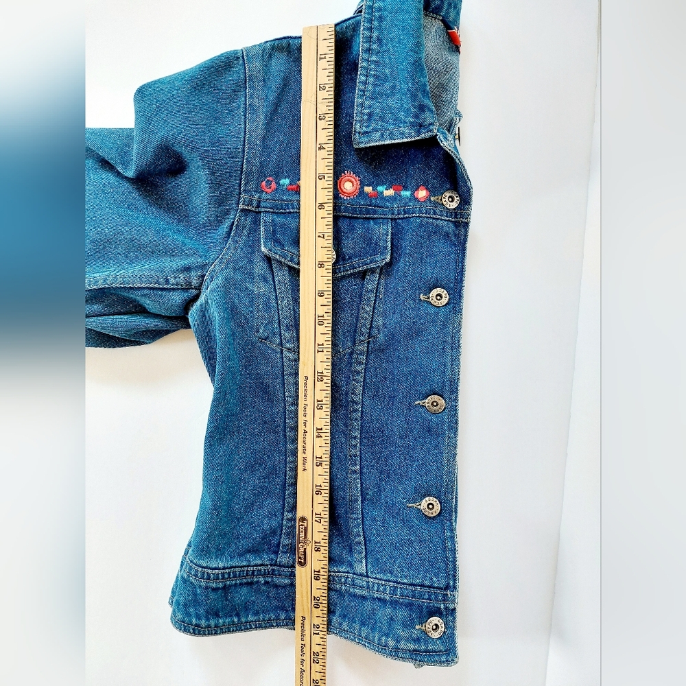 80s Boho Embroidered Mirror Denim Jacket Medium Agapo Trucker Hippie - Picture 7 of 8
